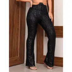 Calça Feminina Flare Paetê Forrada Com Corrente na Cintura Modelo Premium Moda Blogueira