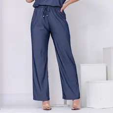 Calça  Feminina Pantalona Wide Leg Reta Chambray Cordão Ajustável Tendência Elegante