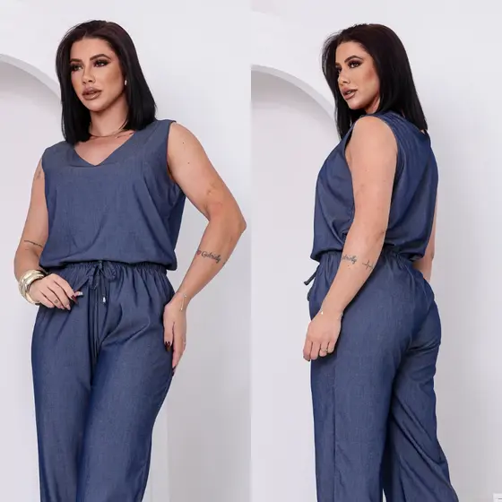 Blusa Regata Feminina Plus Size Alça Larga e Decote em V em Chambray Moda Elegante