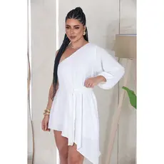 Vestido Feminino Assimétrico Manga Única Com Cinto Para Amarração Moda Réveillon Ano Novo