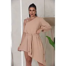 Vestido Feminino Assimétrico Manga Única Com Cinto Amarração Moda Elegante