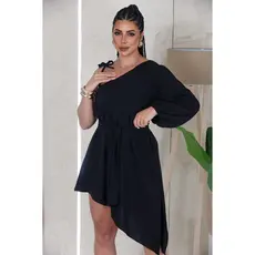Vestido Feminino Assimétrico Preto Manga Única Com Cinto Amarração Moda Elegante
