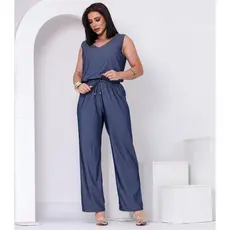 Conjunto Feminino Blusa Regata Decote em V e Calça Reta Wide Leg Chambray Elegante