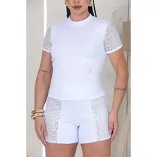 Blusa Blusinha Feminina Ana Ruga Canelada Premium Manga Curta em Paetê Brilho Moda Elegante Festa