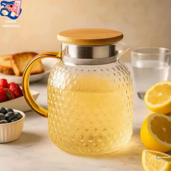 Jarra De Vidro 1L Tampa Bambu Filtro Inox Jarra Suco Água Chá Elegante Resistente Cozinha Mesa Posta