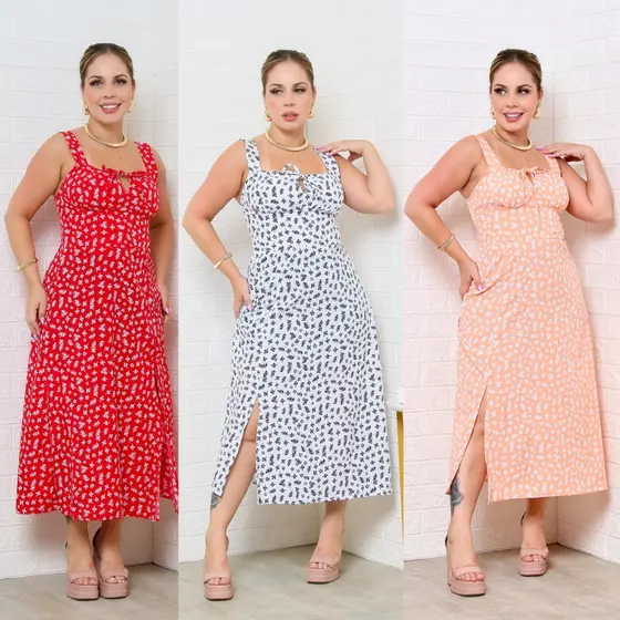 Vestido Camponesa Regata Feminino Com Elástex nas Costas Fenda Lateral Rodado Florido Regulável
