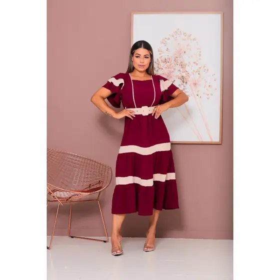 Vestido Feminino 3 Marias Listrado e com Forro mais Cinto , Feito em Tecido Duna - Moda Evangélico Clássico y Casual