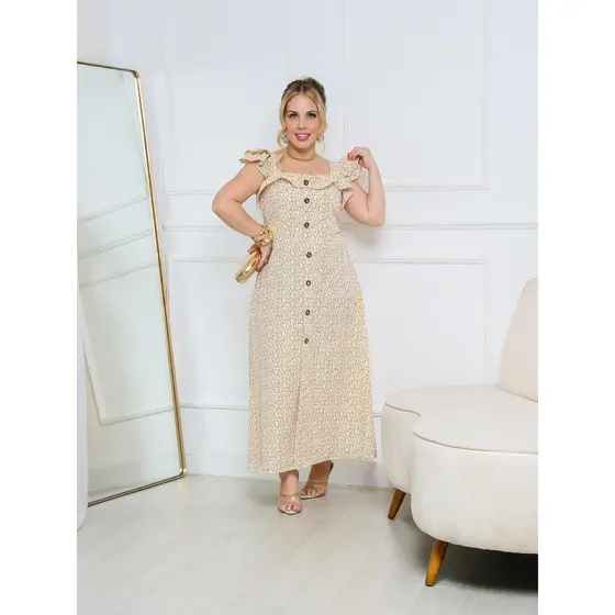 Vestido Longo Babado na Frente e nas Alças feminino Estampado Floral Florido Moda Casual Evangélico