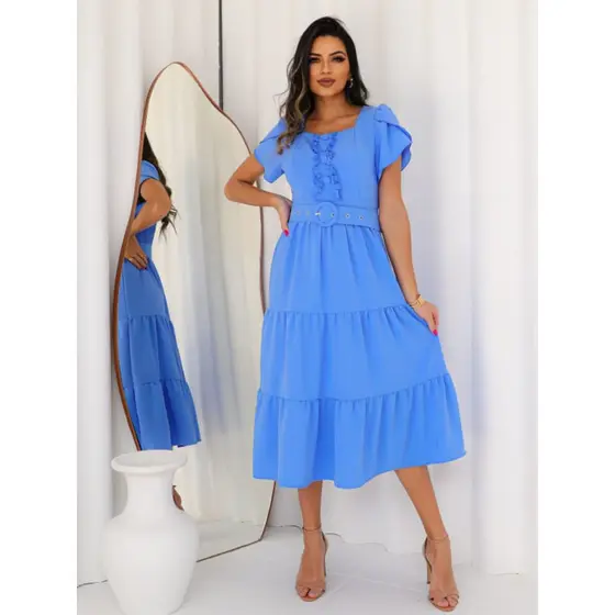 Vestido Longo 3 marias Liso Com Botão Forrado e Cinto Detalhe em Babado Moda Evangélica Casual Basic