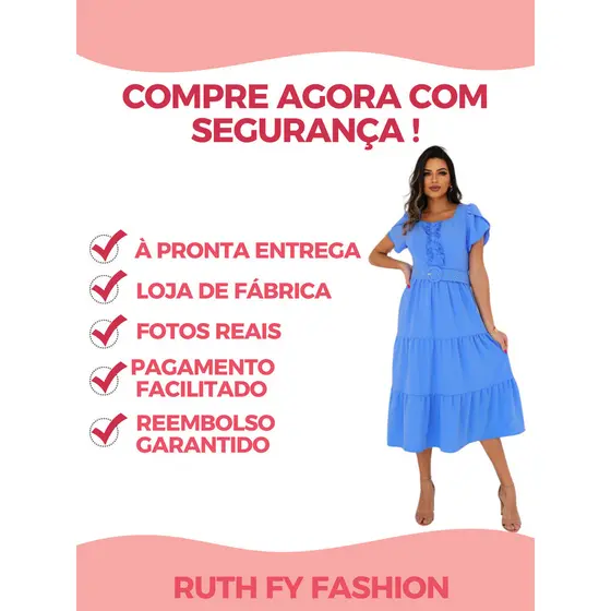 Vestido 3 Marias Liso Longo Com Botões Forrados e Cinto com Detalhe em Babado Moda Evangélica Casual