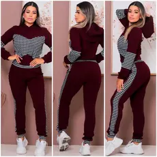 Conjunto Feminino em Crepe com Capuz Estilo Moderno com Estampa Pied de Poule
