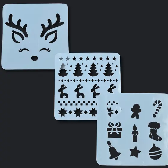 Kit 3 Stencil Natalinos – Árvores, Rena Fofa, Estrelas e Ícones de Natal – Artesanato e Decoração