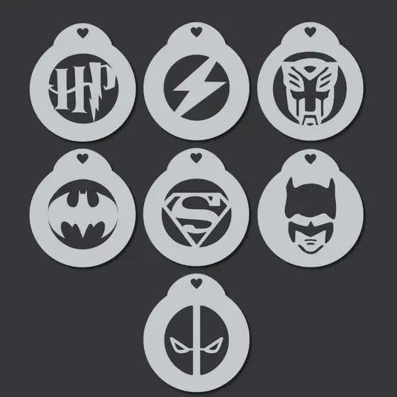 Kit 7 Stencil Pintura Facial Infantil Personagens 7x7 Molde Super Heróis para Confeitaria Corporal