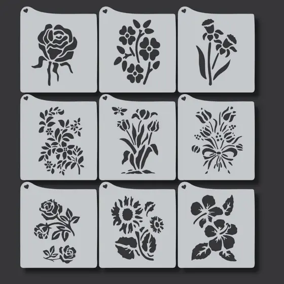Kit 9 Stencil Flores e Folhas Moldes para Pintura, Tecido, Artesanato, Pano de Prato, Caixas, Mdf