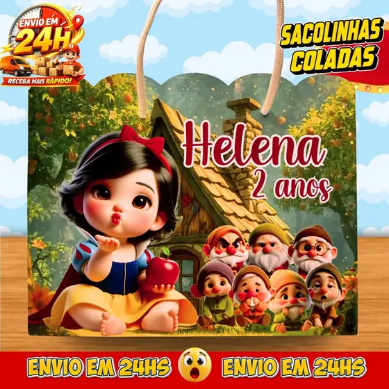 Sacolinhas Branca de Neve Baby Personalizadas - Lembrancinhas Infantil Premium com Nome e Idade
