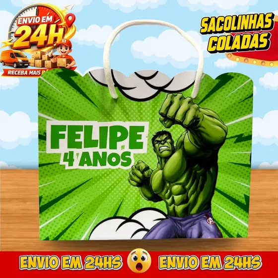 Sacolinhas Hulk Personalizadas - Lembrancinhas Infantil Dinossauro Premium com Nome e Idade