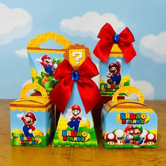 Kit Festa Super Mario  Caixas personalizadas (Milk, Cone,Cubo, coração, Maletinha) Lembrancinhas Semi Montadas, com laço