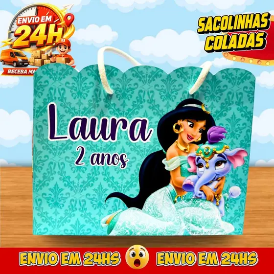 Sacolinhas Jasmine Personalizadas - Lembrancinhas Infantil Dinossauro Premium com Nome e Idade