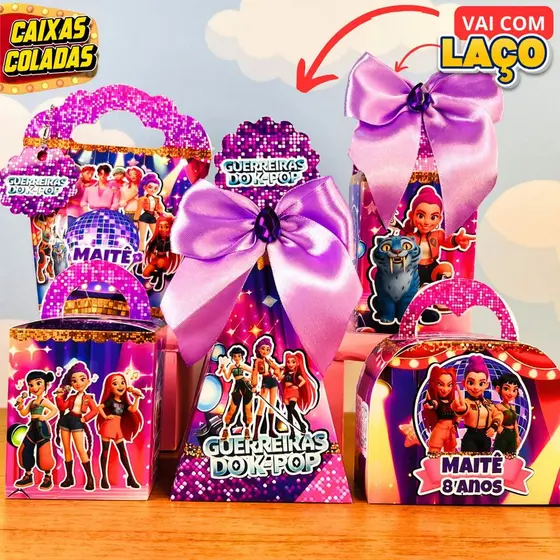 Kit Festa K-Pop Guerreiras | Caixinhas Personalizadas k POP para Aniversário Infantil com laço, já montadas