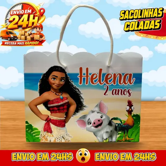 Sacolinhas Moana Personalizadas - Lembrancinhas Infantil Dinossauro Premium com Nome e Idade
