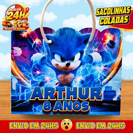 Sacolinhas Sonic Personalizadas - Lembrancinhas Infantil Premium com Nome e Idade
