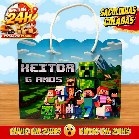 Sacolinhas Minecraft Personalizadas - Lembrancinhas Infantil Dinossauro Premium com Nome e Idade