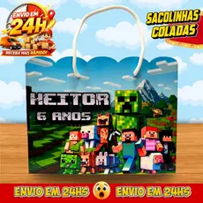 Sacolinhas Minecraft Personalizadas - Lembrancinhas Infantil Dinossauro Premium com Nome e Idade