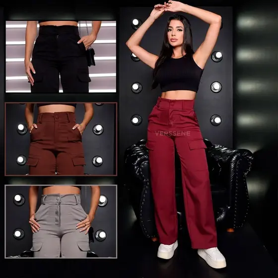 Calça Pantalona Alfaiataria Cargo Feminina Wide Leg Estilosa Casual