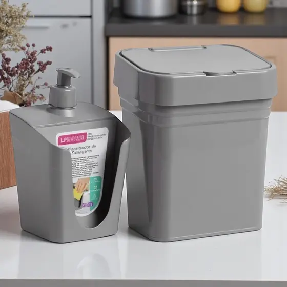 Kit Organizador de Cozinha – Lixeira 2,8L + Dispenser de Detergente 610ml com Porta Esponja