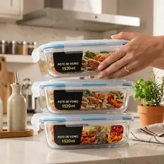 Kit 3 Potes de Vidro Herméticos 1500ml com Trava 4 Travamentos Organizador Cozinha Mantimentos