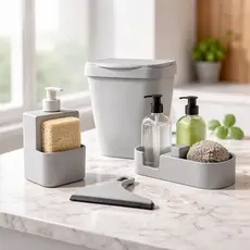 Jogo Pia Cozinha Organizador Completo Porta Detergente Lixeira Compacta Rodinho Kit Moderno