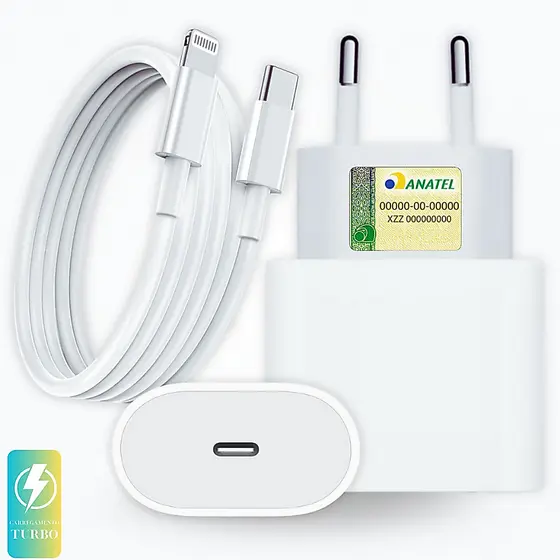 Kit Carregador iPhone Completo Turbo com Cabo Reforçado de 1M  – Compatível com iPhone 8 ao 14