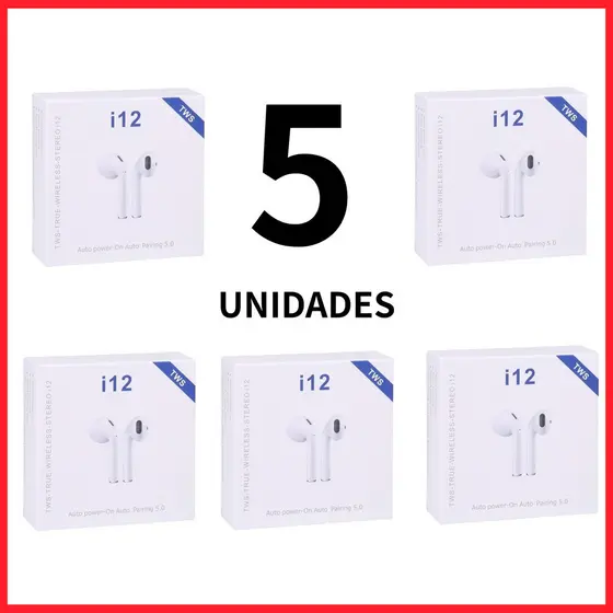 Kit 5/10 Fone de Ouvido Sem Fio i12 Tws Bluetooth 5.0 Com Touch