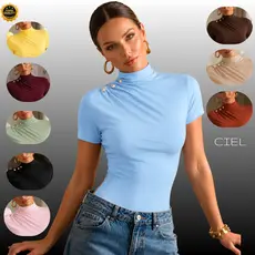 Blusa Feminina ESTILOSO Manga Curta Drapeada Ombro 3 Botões Suplex Trabalho Casual blusas basicas