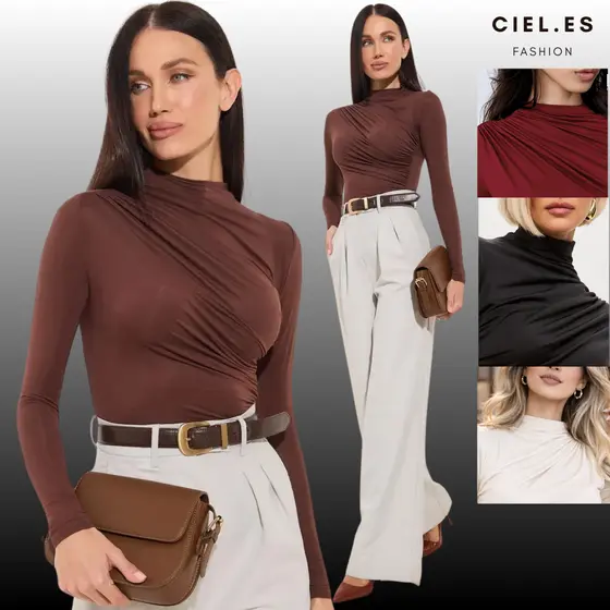 Blusa Feminina Elegante Marrom Manga Longa Suplex DRAPEADA Gola Alta Tendencia 2027 Blusinhas Moda