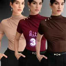 KIT3 blusa feminina manga curta gola alta moderna ESTILOSA elegante suplex blusas confortável gringa