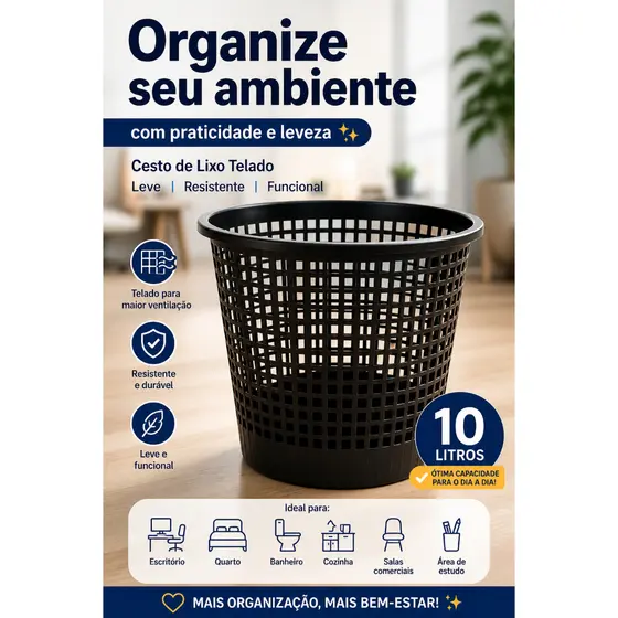 Cesto de Lixo Telado 10L Plástico Resistente Multiuso Ideal para Banheiro Escritório Quarto Cozinha