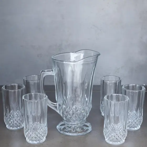 Conjunto 7 Peças Jarra 1,25L e 6 Copos 260ml de Vidro Diamante, Ideal para Água, Suco, Mesa Posta