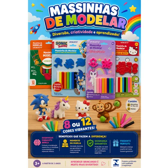 Massinha de Modelar Unicórnio Sonic Hello Kitt Leo&Leo com 8 ou 12 Cores + 3 Moldes Atóxica INMETRO