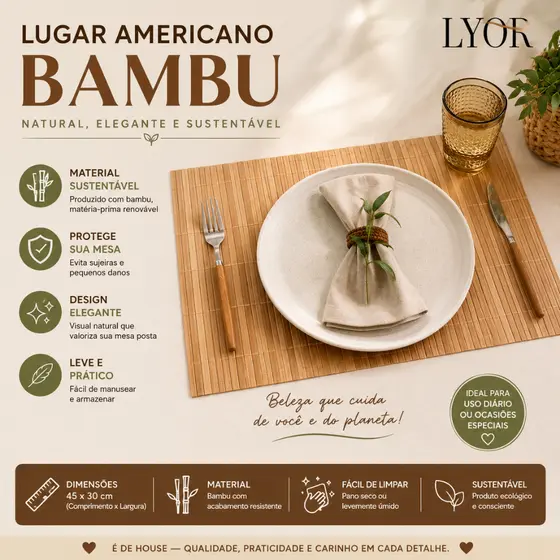 Lugar Americano Bambu Marrom Lyor 30x45cm Decorativa, Sofisticada Mesa Posta Elegante