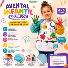 Avental Infantil Manga Longa Impermeável com Bolso 3 Divisórias Escolar Pintura Cozinha Artes Criança Color Joy