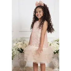 Vestido Infantil Menina Dourado Paetê e Tiara Festas Marthiê - Acompanha Roupinha da Boneca Igual