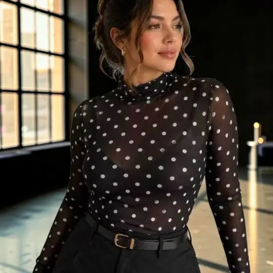 Blusa Body Feminino Tule Poá e Liso Manga Longa Preto Básico Elegante Segunda Pele Sensual