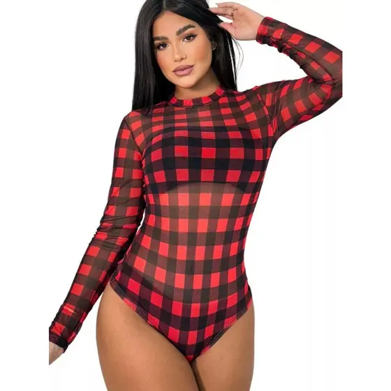 Body Manga Longa Tule Transparente Xadrez Moda Blogueira