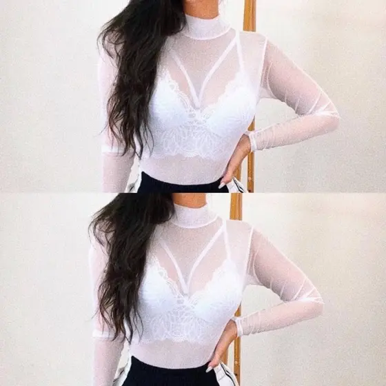 Body Blusa Feminina Manga Longa Segunda Pele Tule Preto Bory