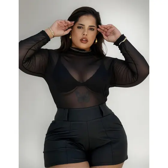 Body Tule Feminino Manga Longa Plus Size Festa Balada