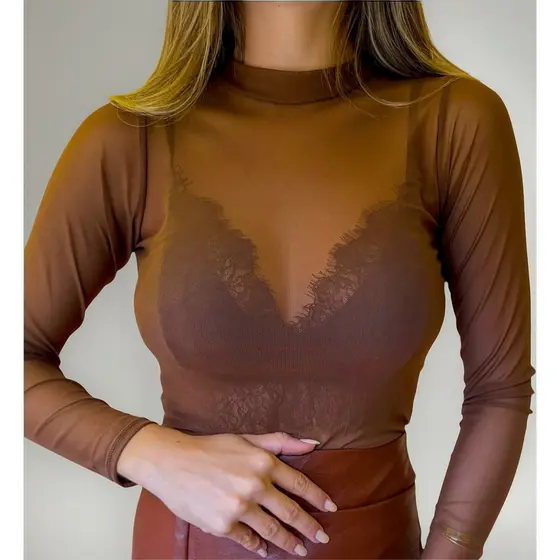 Body Tule Transparente Marrom Chocolat Gola Alta Blusa Frio