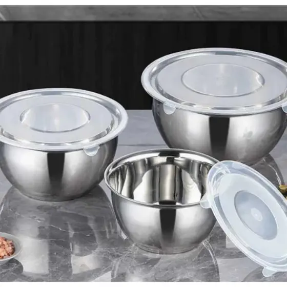 Conjunto de Bowls Tigelas de Inox com Tampa Plastica - bacia inox bowl inox