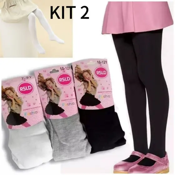 Kit com 2 Meia calça infantil Frio Inverno Para Bebê Menina cor Branca/Preto