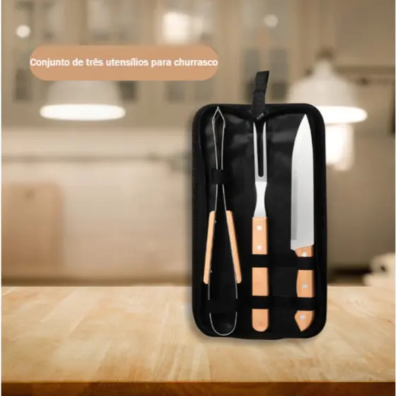 Kit de Churrasco de Conjunto de 3 Peças Aço Inox Com Estojo
